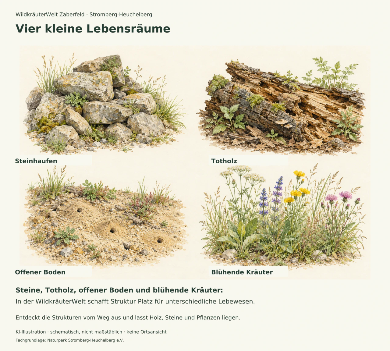 Vier Aquarellstudien zeigen einen Steinhaufen, verrottendes Holz, offenen Boden und blühende Kräuter; Beispiele, kein Lageplan oder Pflanzenbestimmungsbild.