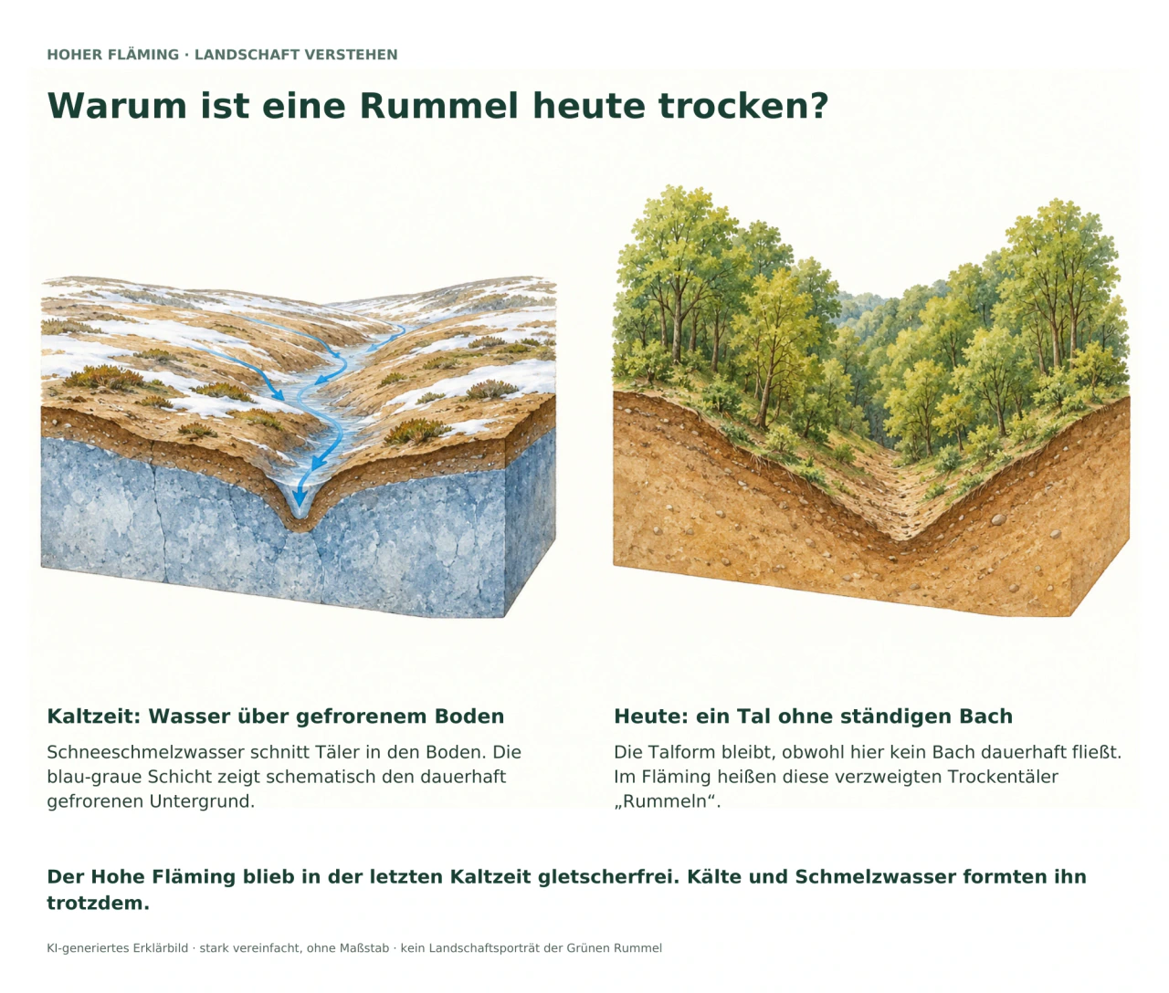 Zwei schematische Geländeschnitte: links fließt Schneeschmelzwasser über gefrorenen Untergrund durch eine kahle Talmulde; rechts liegt ein trockenes, bewaldetes Tal über aufgetautem Boden.