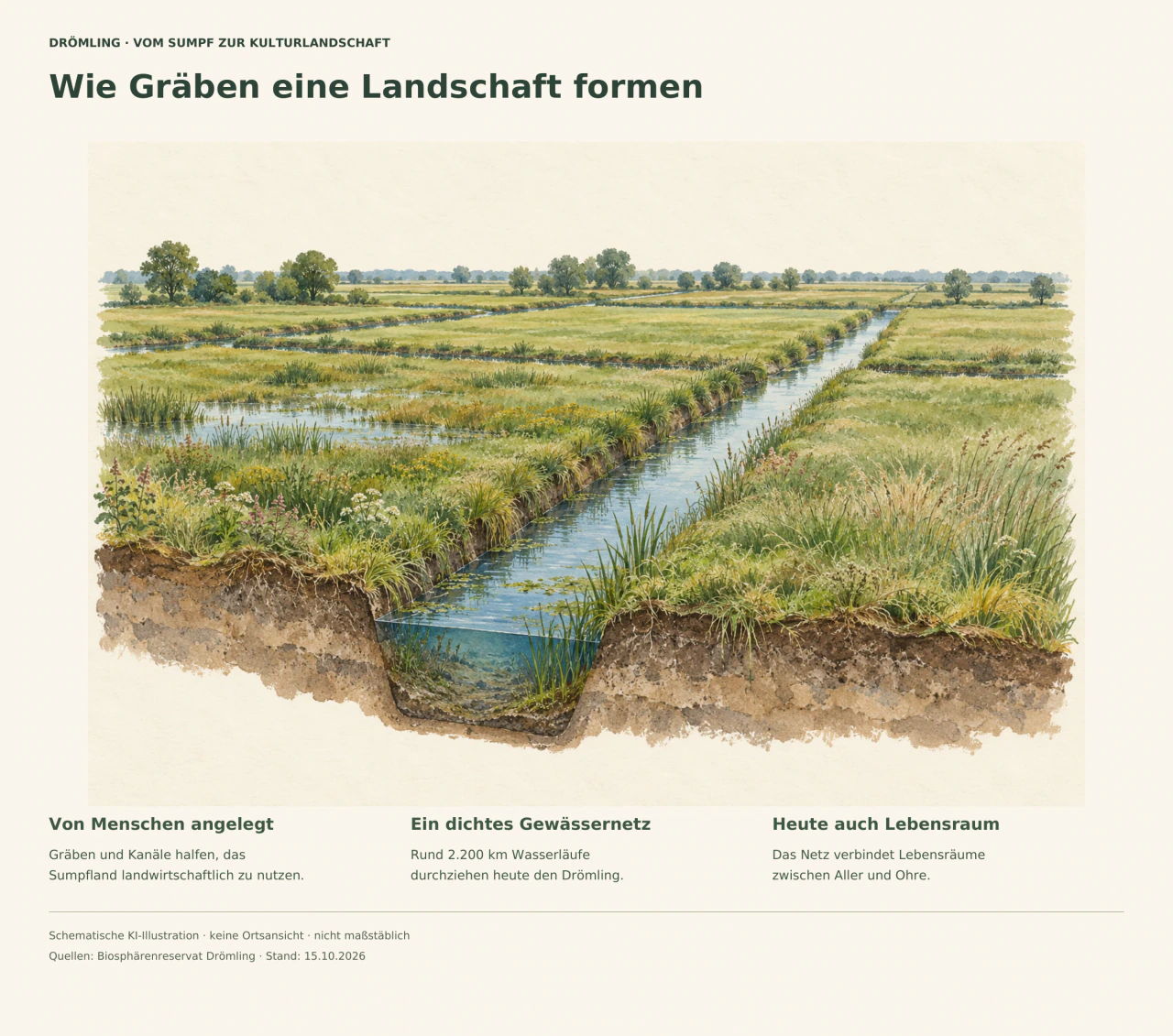 Schematische Aquarellzeichnung: Gerade wassergefüllte Gräben teilen flache Wiesen; ein Anschnitt macht den Graben sichtbar.