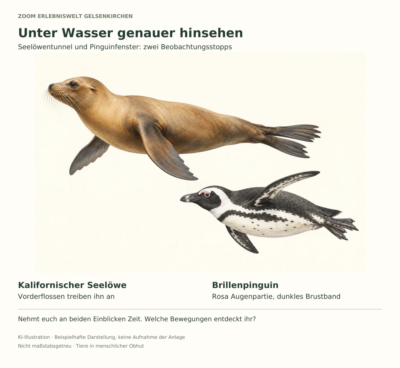 Oben schwimmt ein brauner Kalifornischer Seelöwe nach links, mit ausgebreiteten Vorderflossen und kleinen sichtbaren Ohrmuscheln. Darunter ist ein Brillenpinguin mit ausgestreckten Flügeln, rosa Augenpartie, dunklem Brustband und geflecktem weißem Bauch dargestellt. Deutsche Beschriftungen nennen Beobachtungsmerkmale. Die KI-Illustration zeigt die Tiere getrennt und nicht maßstabsgetreu.