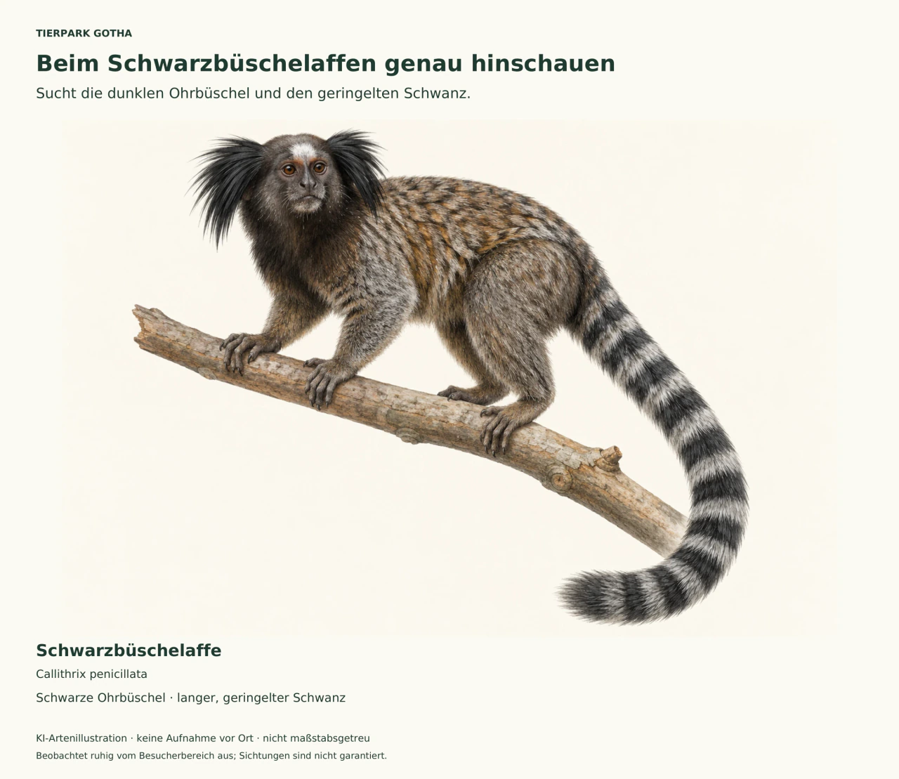 KI-Illustration eines Schwarzbüschelaffen auf einem schrägen Ast. Das Tier hat dunkle Ohrbüschel, graubraunes Fell und einen langen, schwarz-hell geringelten Schwanz, der rechts nach unten gebogen ist. Deutsche Beschriftungen stehen über und unter dem Tier.