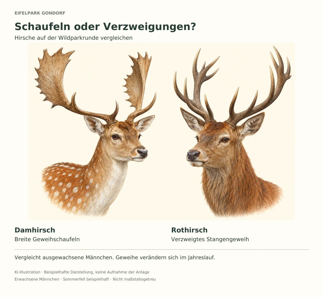 Links ist ein männlicher Damhirsch mit weiß geflecktem Sommerfell und breiten Geweihschaufeln dargestellt; rechts ein männlicher Rothirsch mit rotbraunem Fell und verzweigtem Stangengeweih. Deutsche Beschriftungen vergleichen die Geweihformen und weisen auf jahreszeitliche Veränderungen hin. KI-Illustration erwachsener Männchen, nicht maßstabsgetreu.
