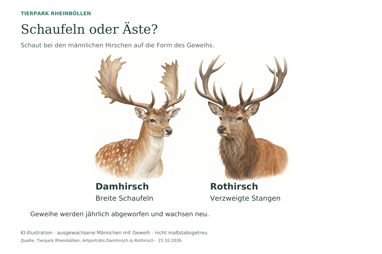 Zwei illustrierte Hirschporträts: links ein Damhirsch mit breitem Schaufelgeweih, rechts ein Rothirsch mit verzweigten Geweihstangen.