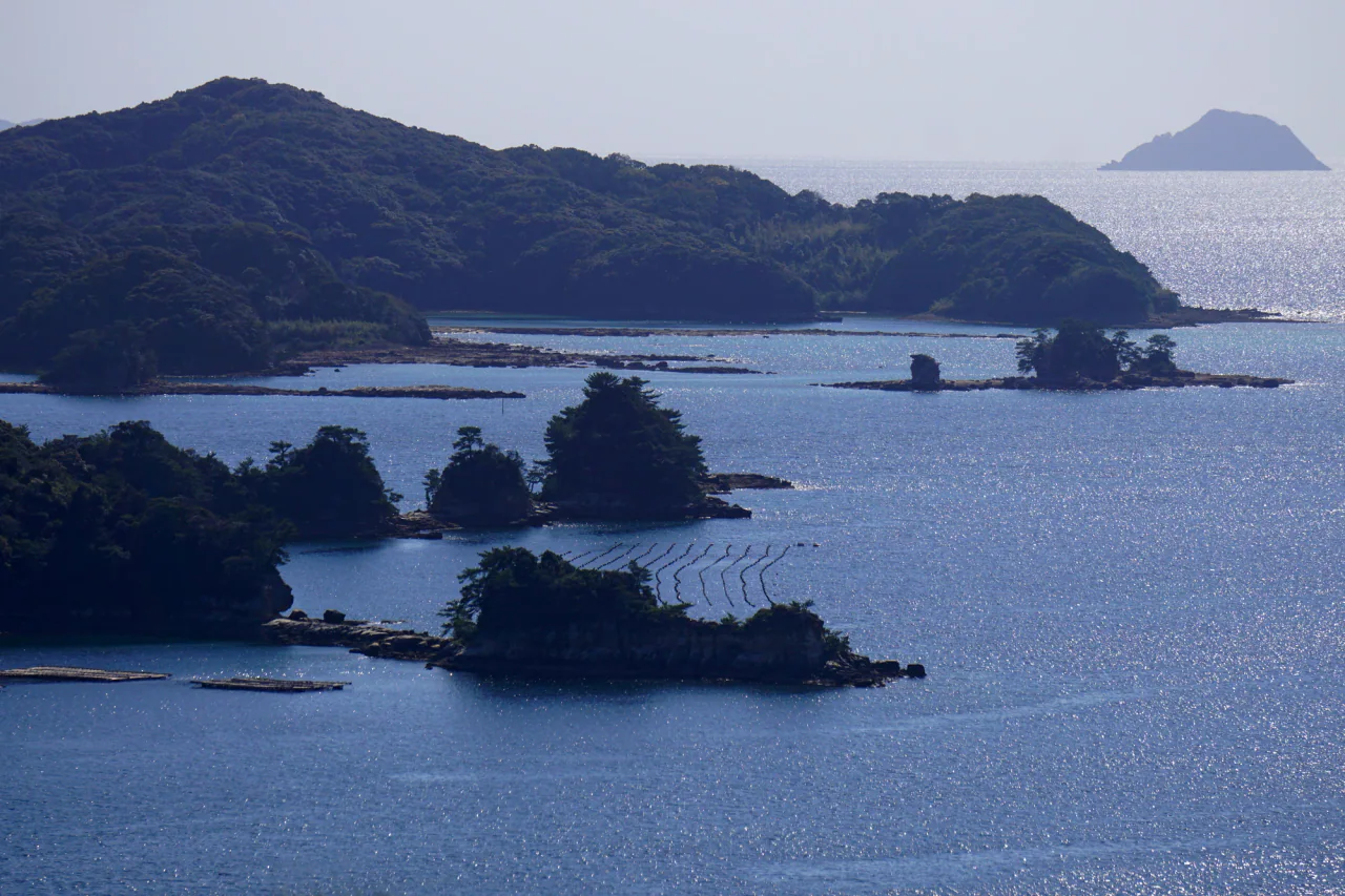 Several small wooded islands and rocky shorelines overlap across blue water, with rows of marine structures visible in one channel.