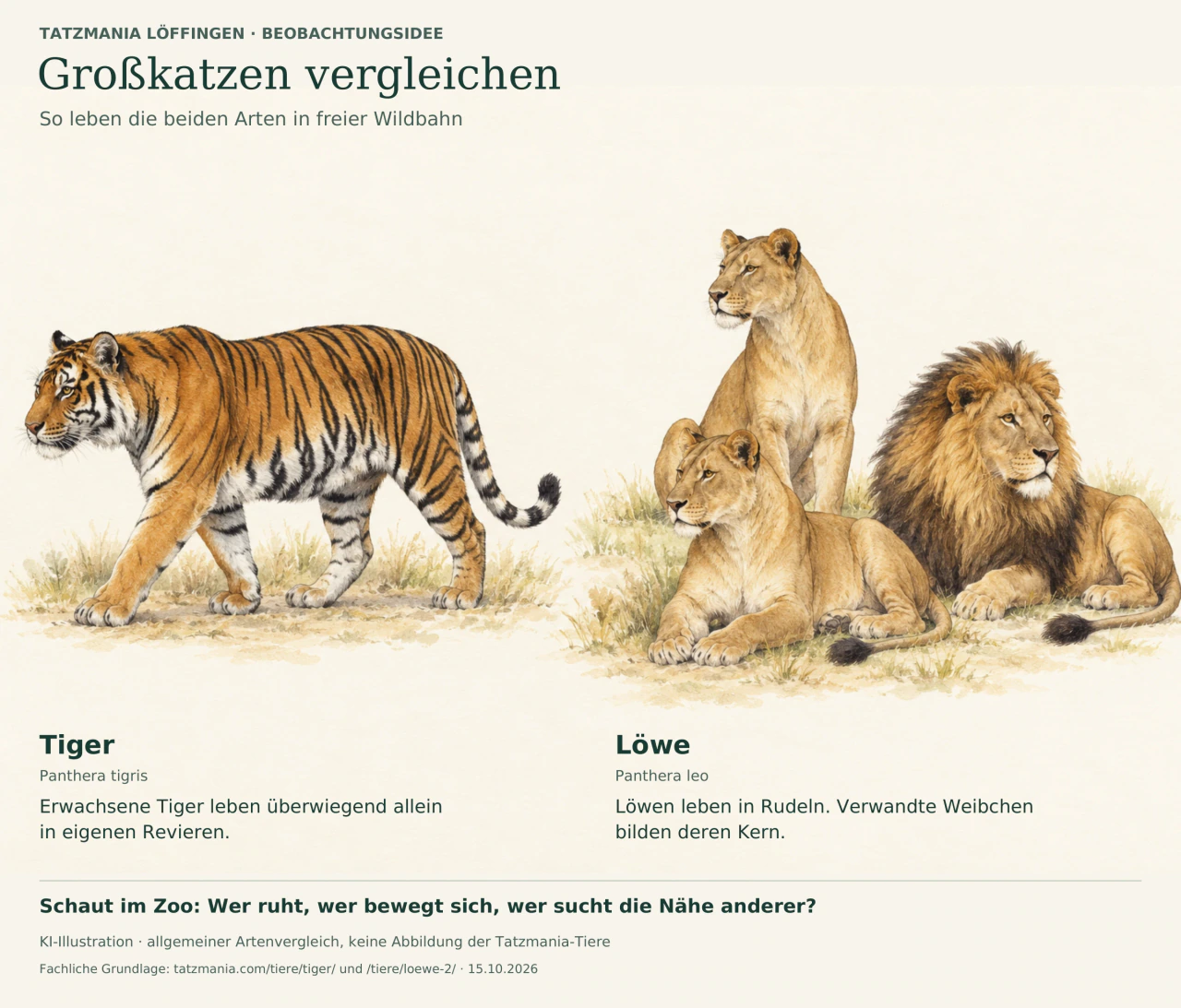 Erklärende KI-Zeichnung: Links läuft ein einzelner gestreifter Tiger. Rechts ruhen ein Löwenmännchen und zwei Löwinnen als beispielhafte Gruppe. Deutsche Beschriftungen vergleichen ihre Lebensweise in freier Wildbahn.