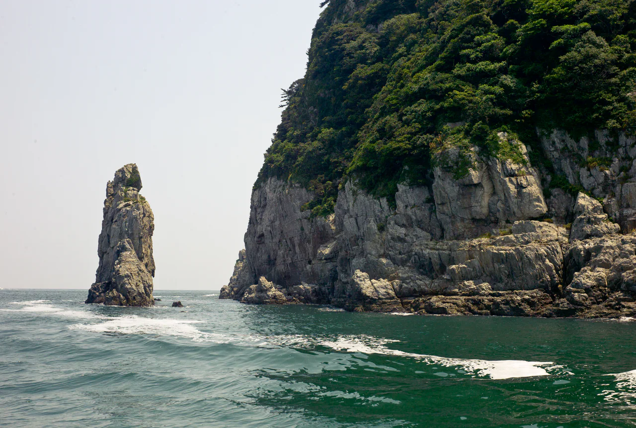A narrow rock stack rises from the sea beside a larger wooded cliff, with open water in the foreground.