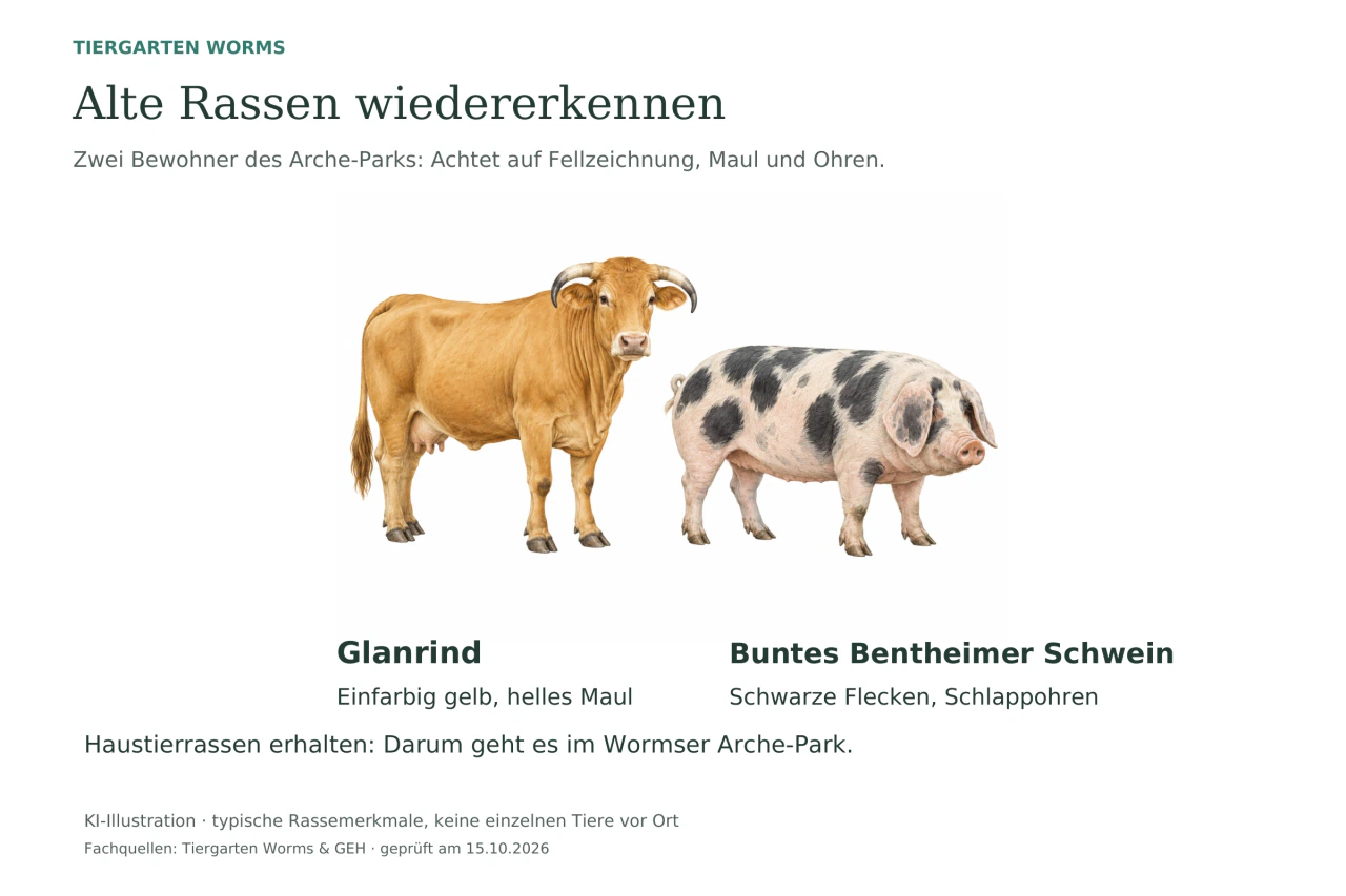Illustration eines gelben Glanrinds mit hellem Maul neben einem weiß-schwarz gefleckten Bunten Bentheimer Schwein mit Schlappohren.