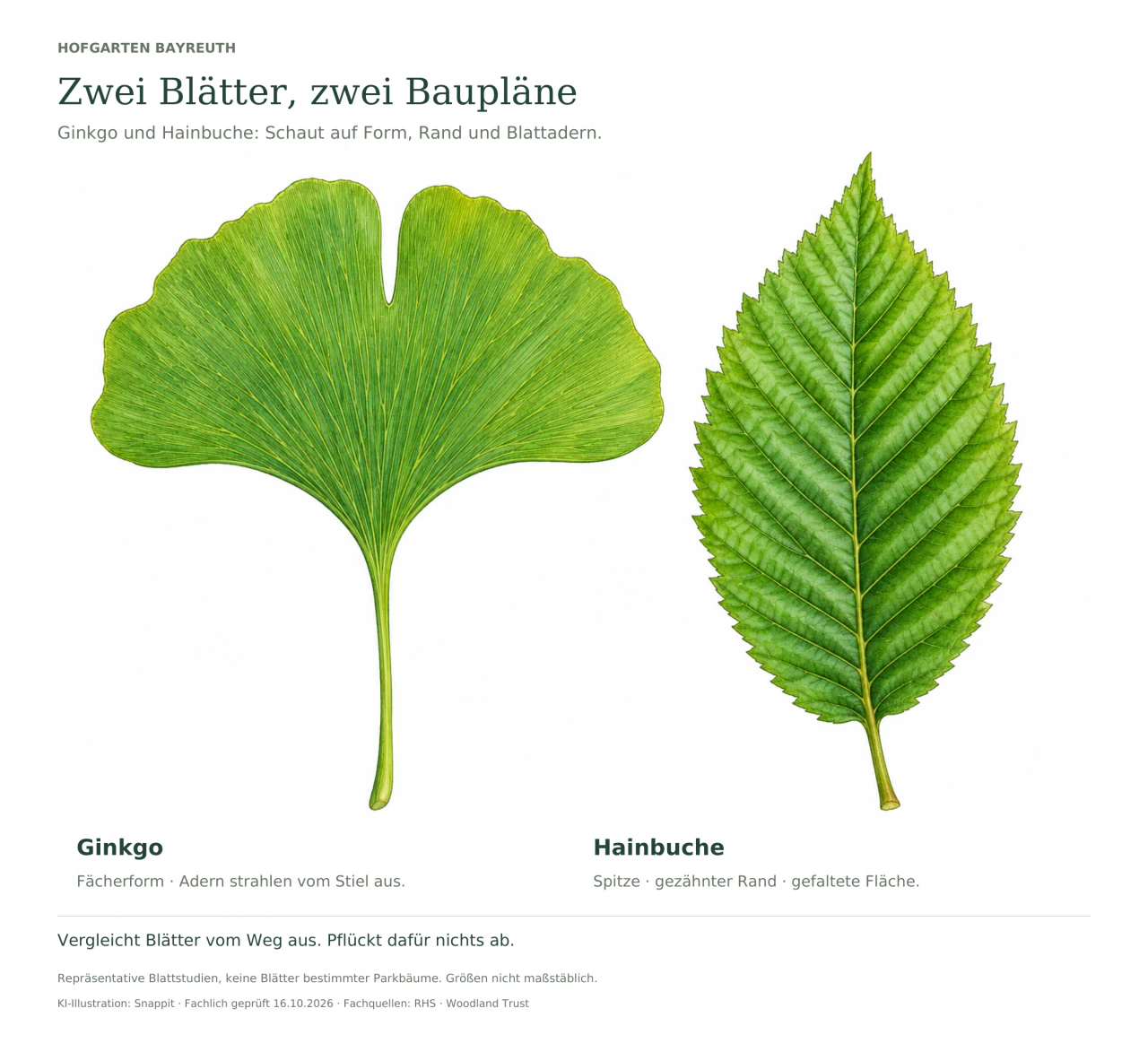 Links ein breites, zweilappiges Ginkgoblatt mit strahlenförmigen Adern und langem Stiel. Rechts ein spitzes, fein doppelt gezähntes Hainbuchenblatt mit Mittelrippe und deutlich gefalteter Fläche.