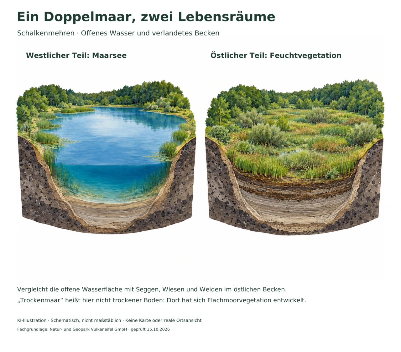 Zwei schematische Beckenschnitte vergleichen offenes Seewasser mit einem von Feuchtvegetation gefüllten Becken.