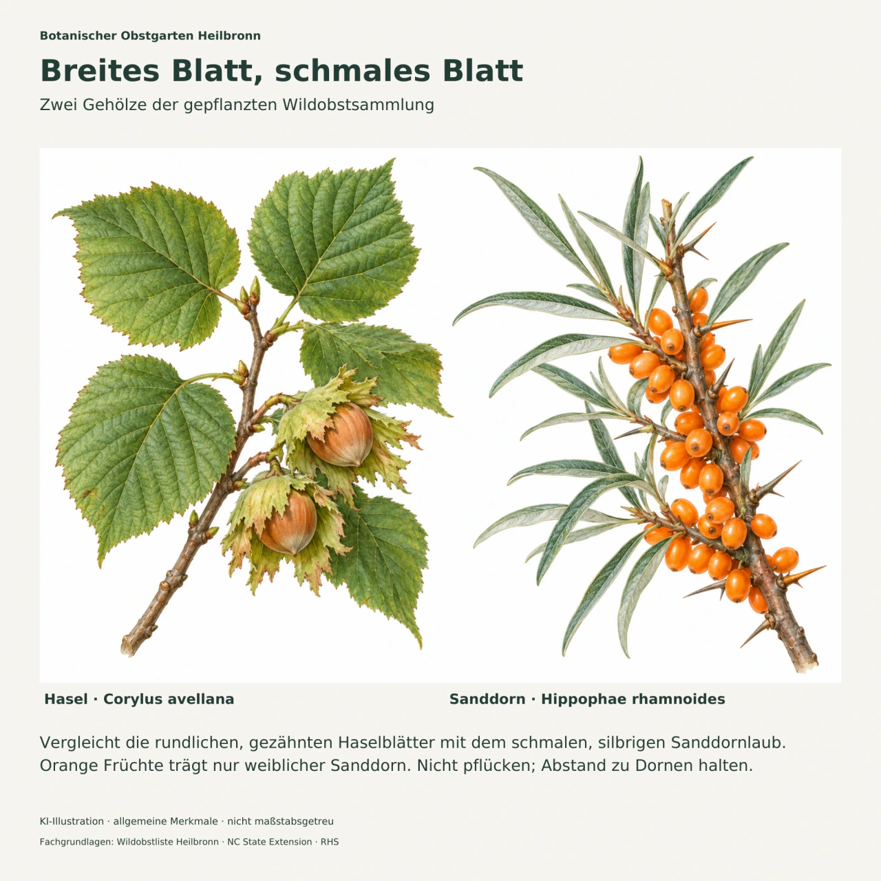 Links Hasel mit breiten gezähnten Blättern und Nüssen in blattartigen Hüllen; rechts Sanddorn mit schmalen silbrigen Blättern, Dornen und orangefarbenen Früchten.