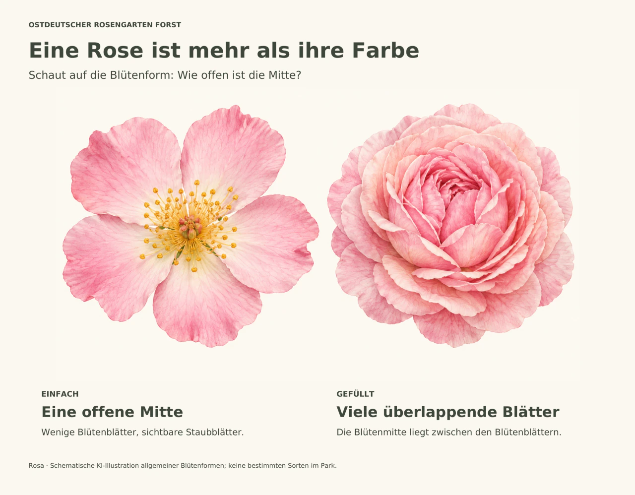Zwei große rosafarbene Rosenblüten nebeneinander: links fünf offene Blütenblätter um gelbe Staubblätter, rechts viele dicht überlappende Blütenblätter ohne sichtbare Staubblätter. Darunter stehen die Bezeichnungen einfach und gefüllt.