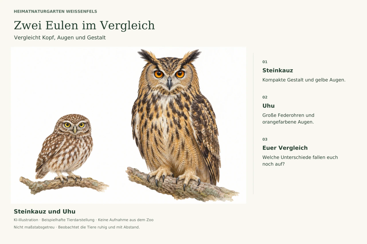 Links ein kleiner Steinkauz mit gelben Augen, rechts ein größer dargestellter Uhu mit orangefarbenen Augen und Federohren. Die Größen sind nicht maßstabsgetreu.