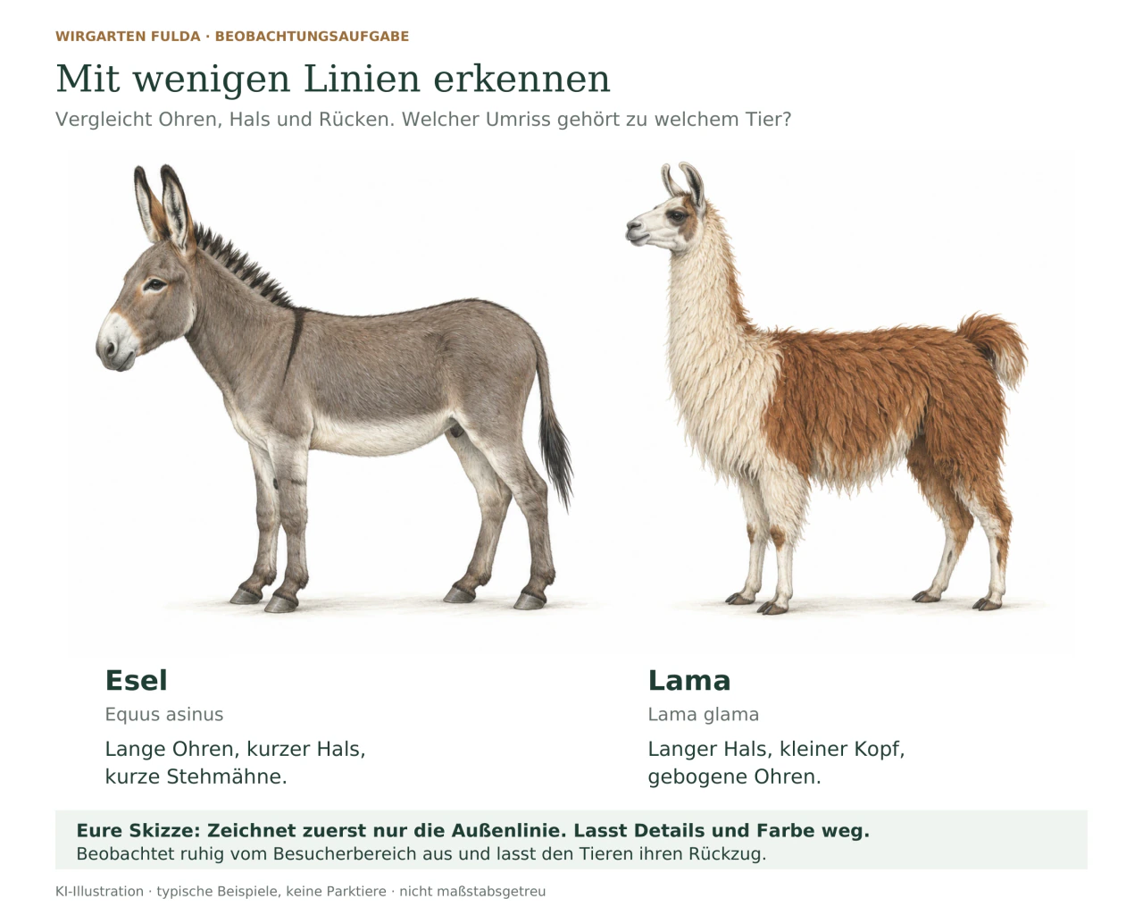 Links ein grauer Esel mit langen Ohren, kurzem Hals und Stehmähne, rechts ein braun-weißes Lama mit langem Hals und gebogenen Ohren; darunter eine ruhige Zeichenaufgabe.