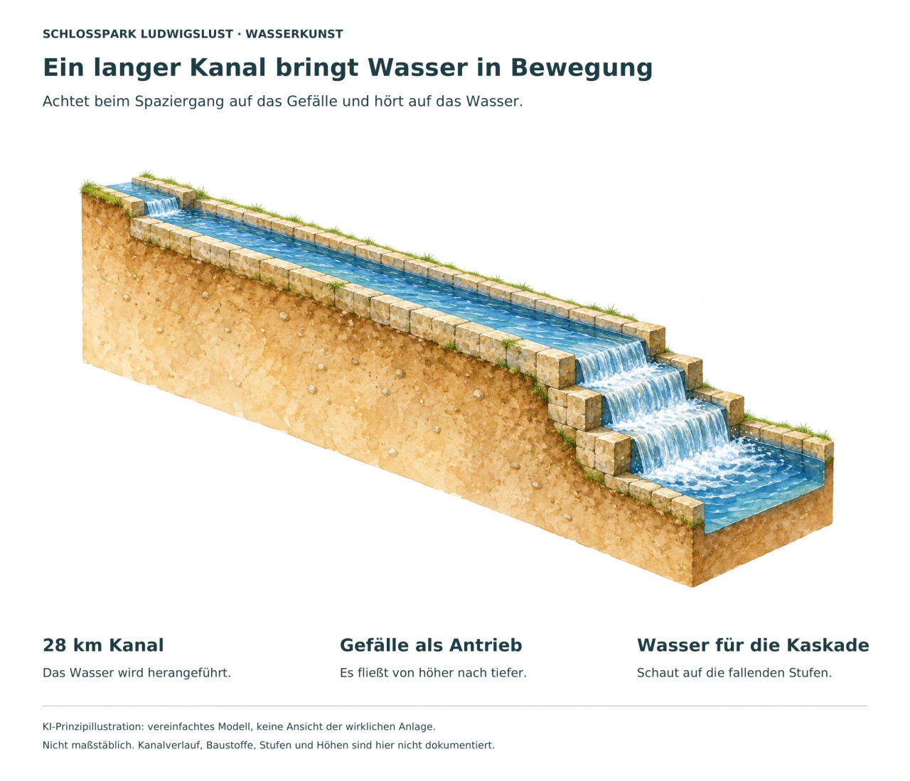 KI-Prinzipillustration eines offenen blauen Wasserkanals in einem schrägen Erdblock: Das Wasser fließt von links oben nach rechts unten über vereinfachte steinerne Stufen in ein Becken. Die Zeichnung zeigt keine tatsächliche Geografie.