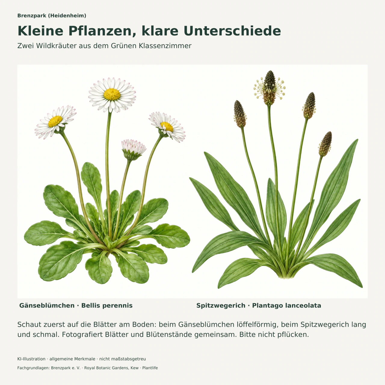 Links Gänseblümchen mit löffelförmigen Grundblättern und weiß-gelben Blütenköpfen; rechts Spitzwegerich mit schmalen Blättern und kurzen Ähren auf langen Stielen.