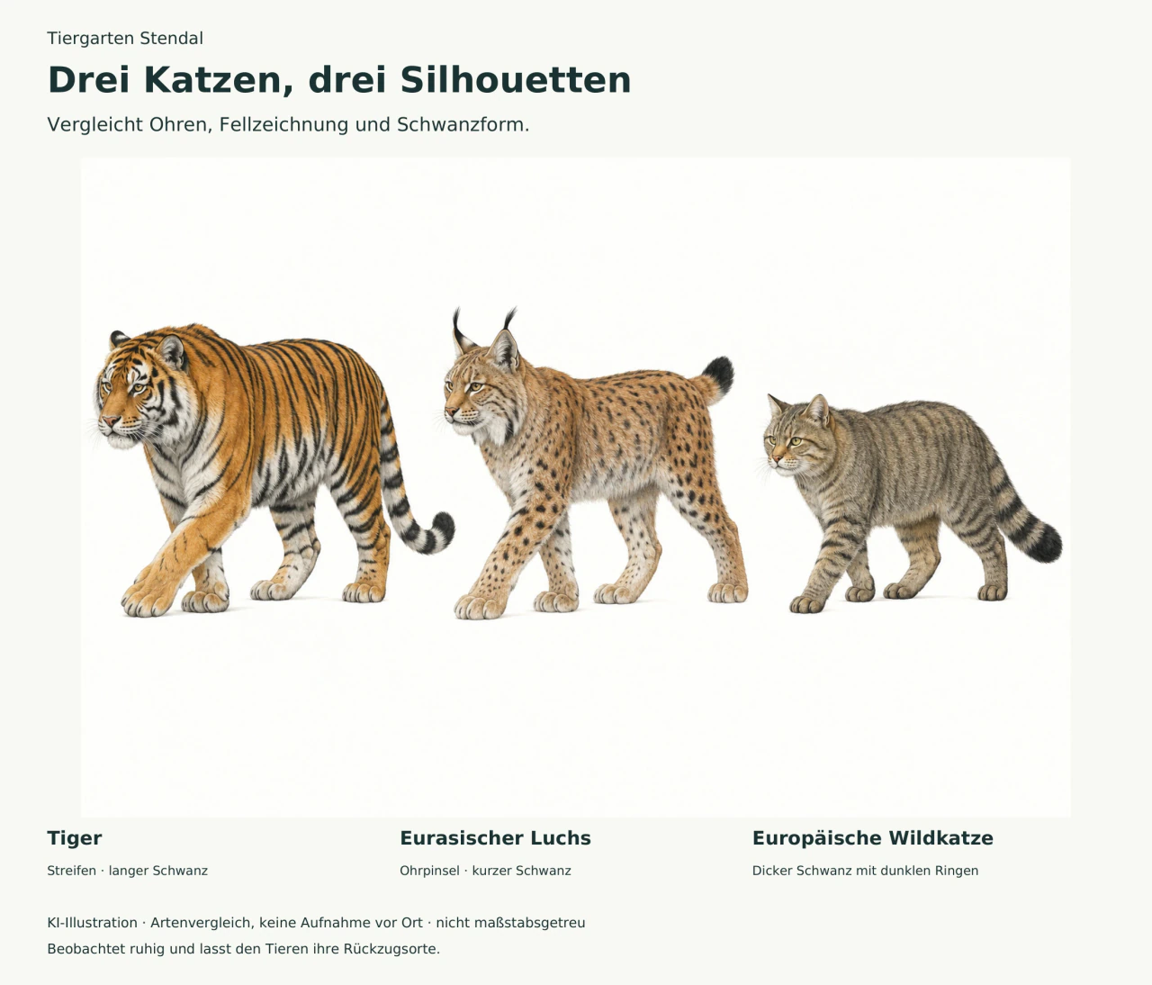 Tiger mit Streifen und langem Schwanz, Luchs mit Ohrpinseln und kurzem Schwanz sowie graubraune Wildkatze mit dickem Ringelschwanz.