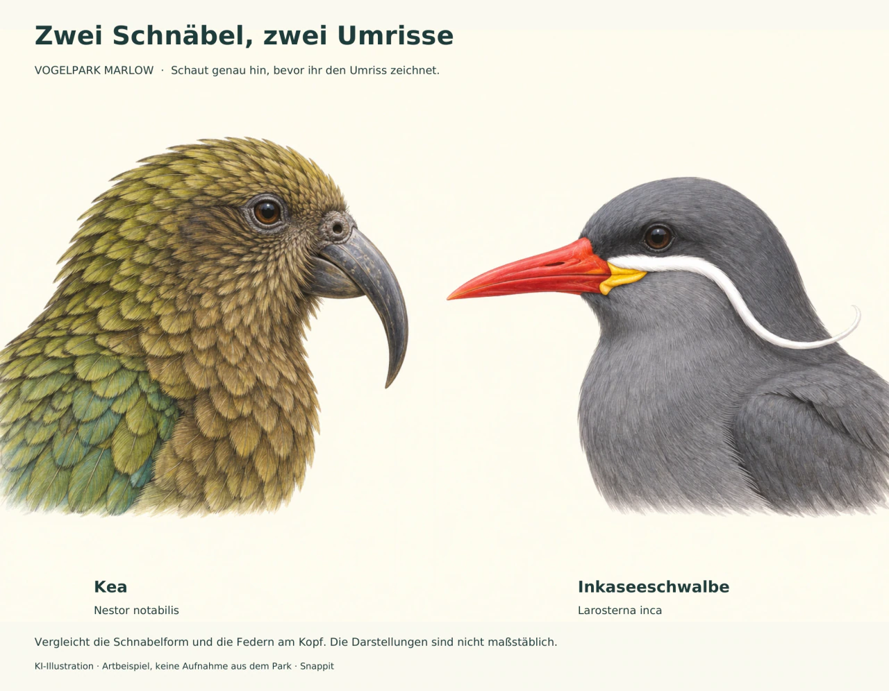 Zwei Vogelporträts: ein olivgrüner Kea mit lang gebogenem Schnabel und eine graue Inkaseeschwalbe mit rotem Schnabel und weißer Schmuckfeder.