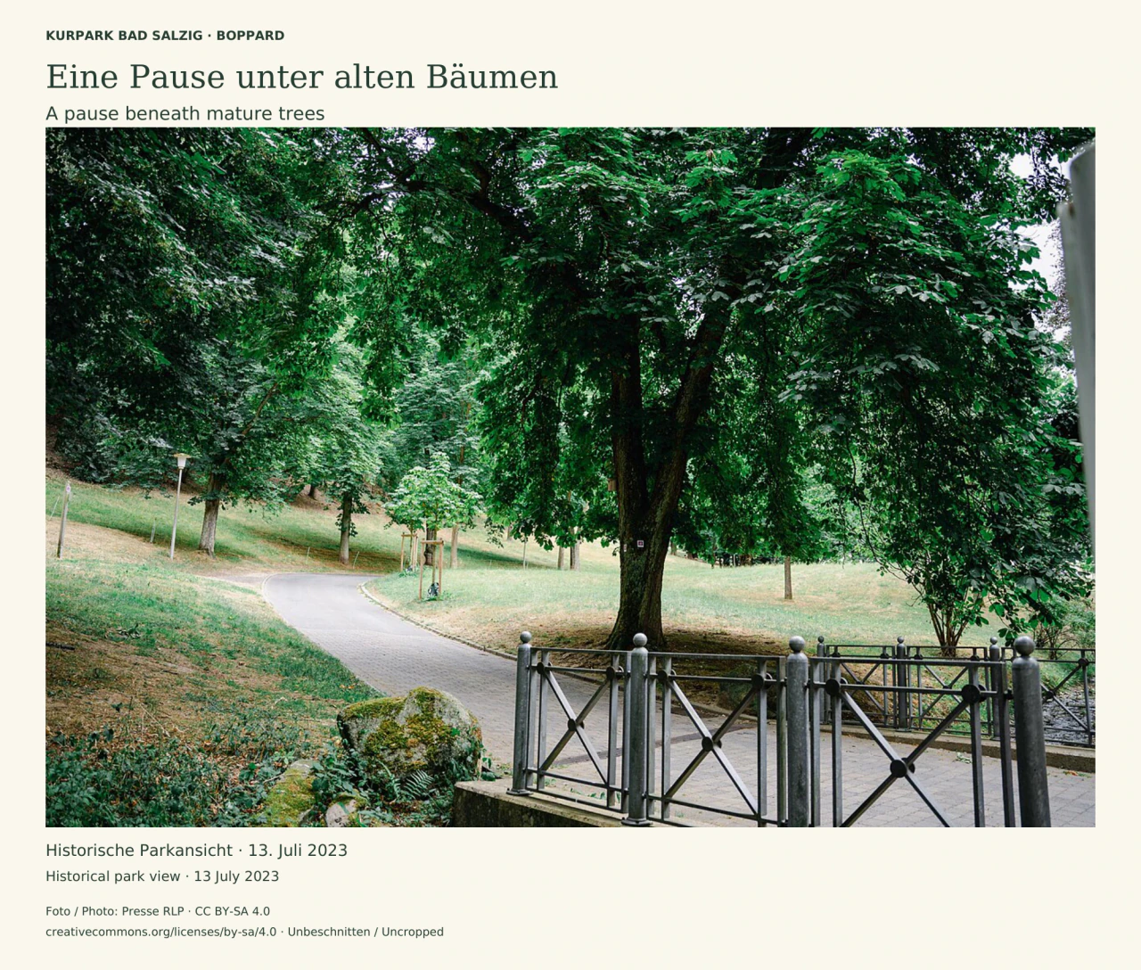 Ein gepflasterter Weg biegt zwischen ansteigenden Rasenflächen und belaubten Bäumen nach links. Ein großer Baum steht in der Bildmitte, im Vordergrund quert eine kleine Brücke mit grauem Metallgeländer das Bild.