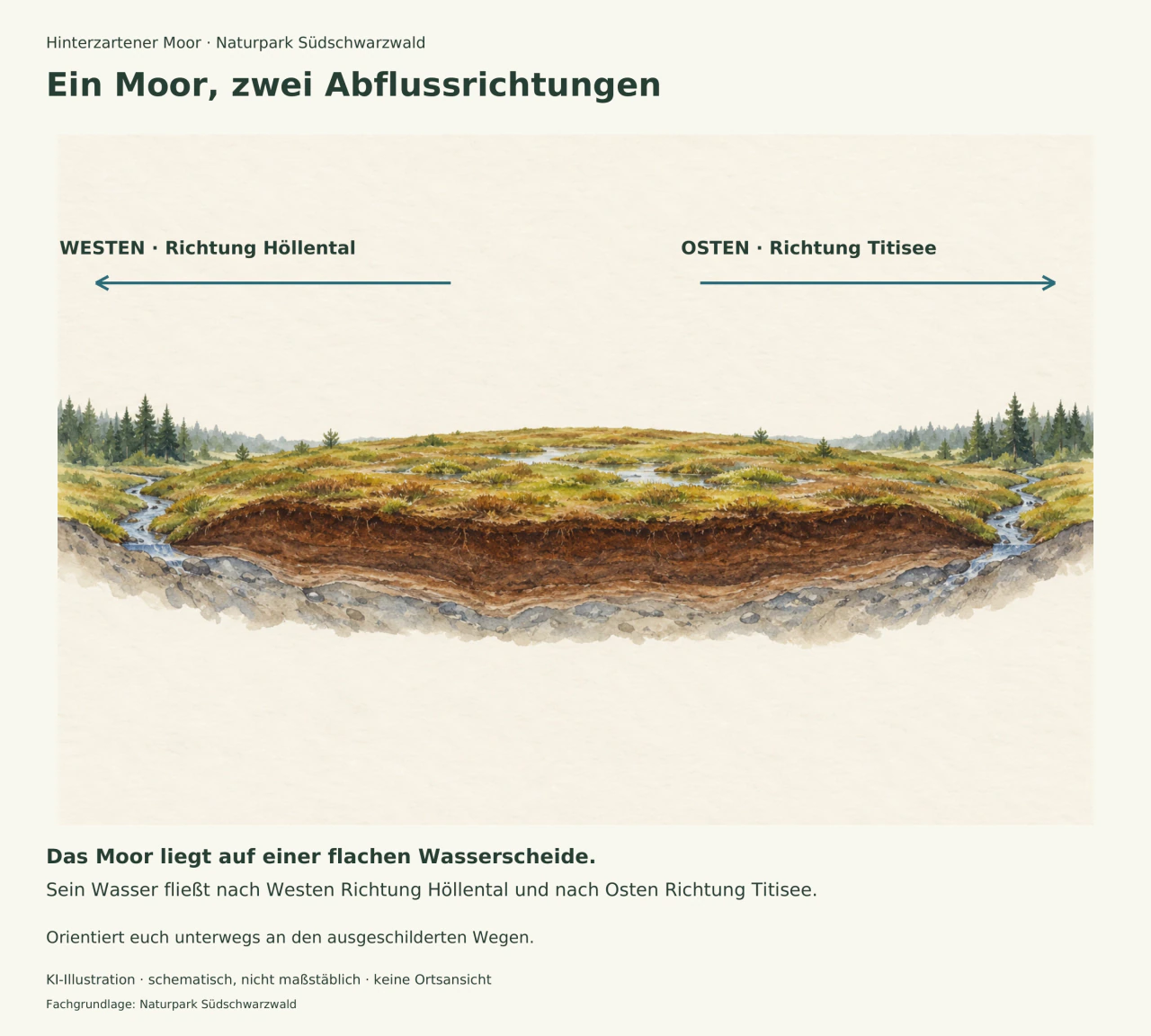 Ein flaches Moor im schematischen Schnitt entwässert zu beiden Seiten; erklärende Pfeile kennzeichnen Westen und Osten. Kein Wanderweg ist dargestellt.