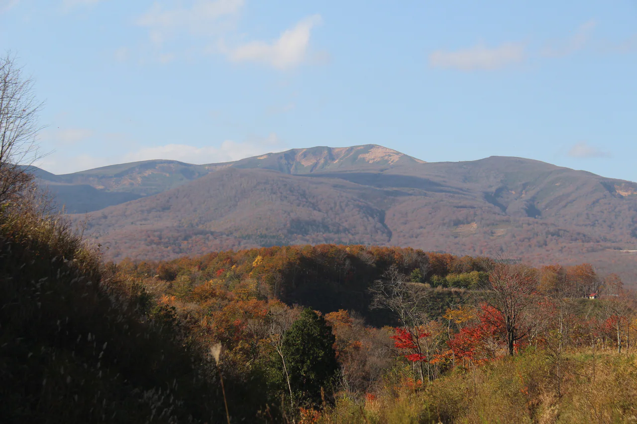 A broad mountain ridge rises above layered wooded slopes, with red, orange and green trees in the foreground under a pale blue sky; a tiny roof appears at lower right.