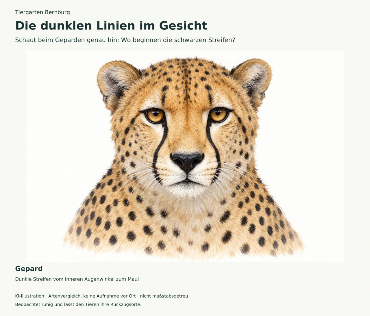 Gezeichnetes Gepardengesicht mit kleinen runden Ohren, dunklen Punkten und schwarzen Streifen von beiden Augen zum Maul.