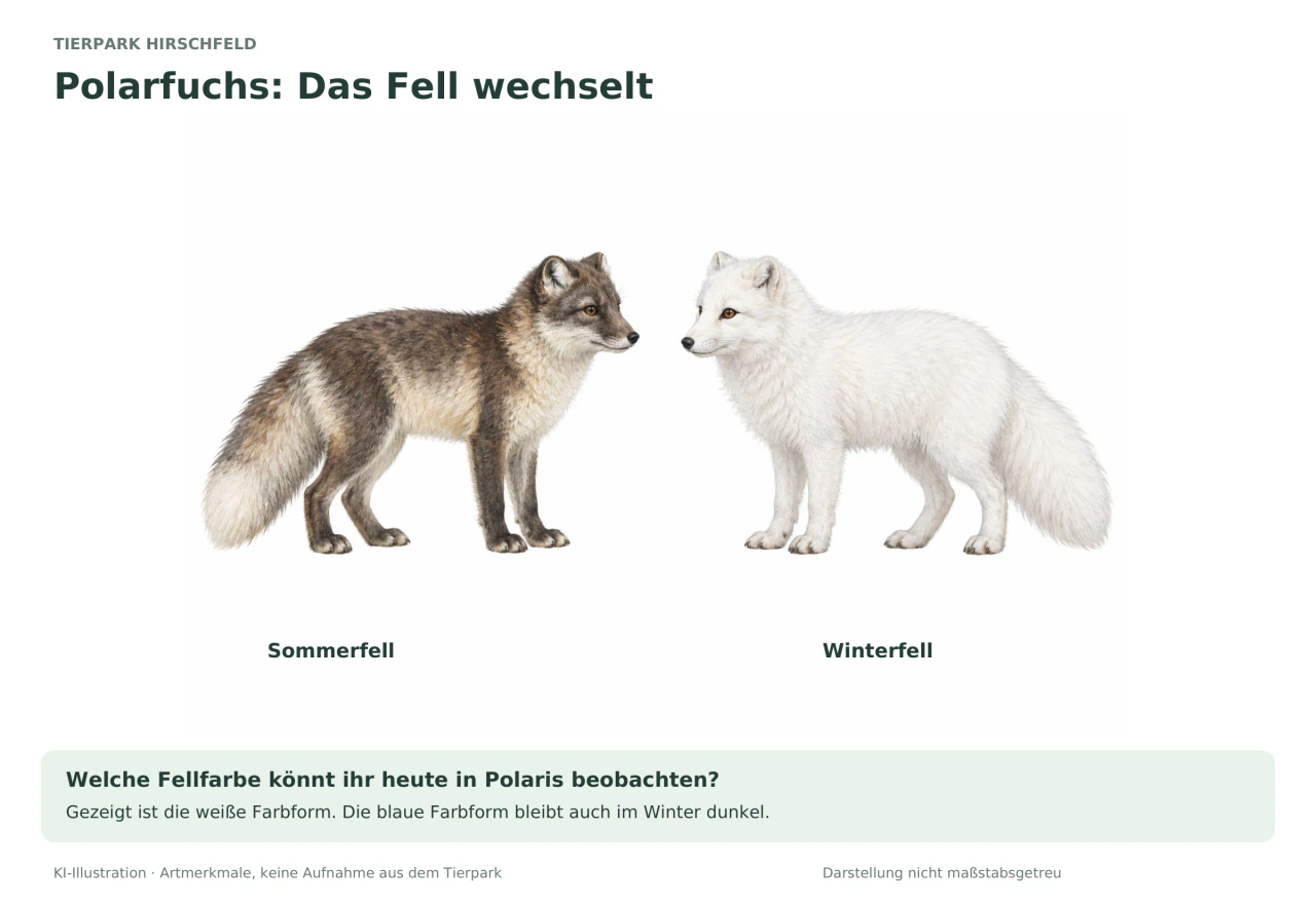 Zwei beschriftete Polarfüchse derselben weißen Farbform: links im graubraunen Sommerfell mit hellem Bauch, rechts im dichten weißen Winterfell.