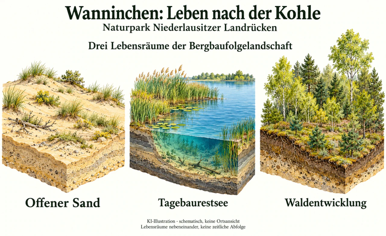 Drei voneinander getrennte Geländeschnitte mit offener Sanddüne, schilfgesäumtem Tagebaurestsee und jungem Wald.