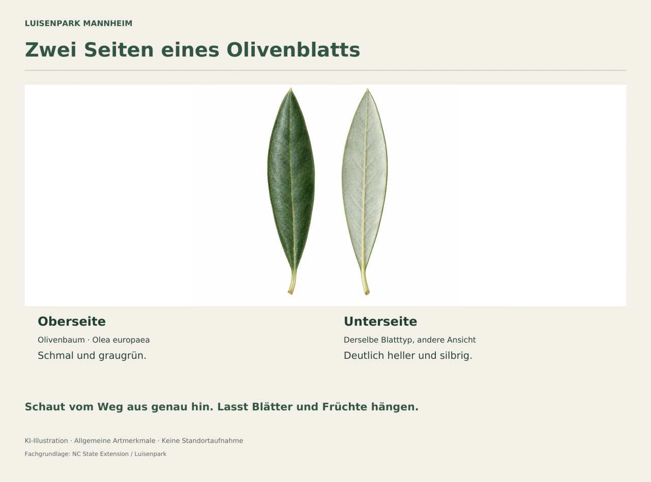 Zwei schmale Olivenblätter: links die dunklere graugrüne Oberseite, rechts die helle silbrige Unterseite.