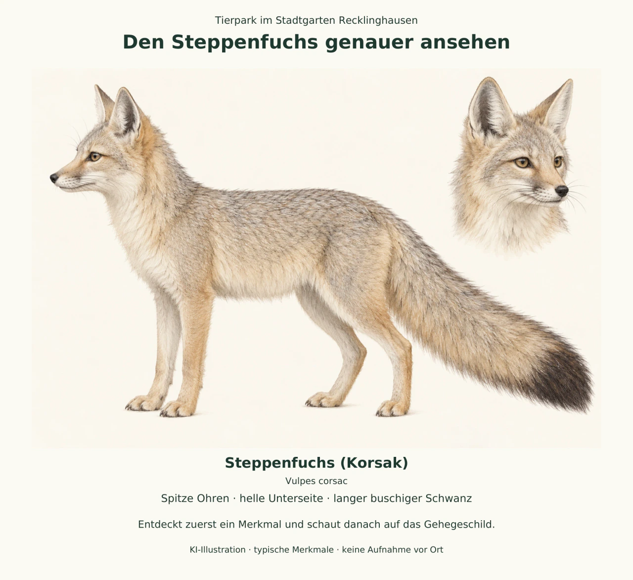 Ein sandgrauer Steppenfuchs im Seitenprofil mit spitzen Ohren und langem Schwanz; daneben ein Kopfdetail.
