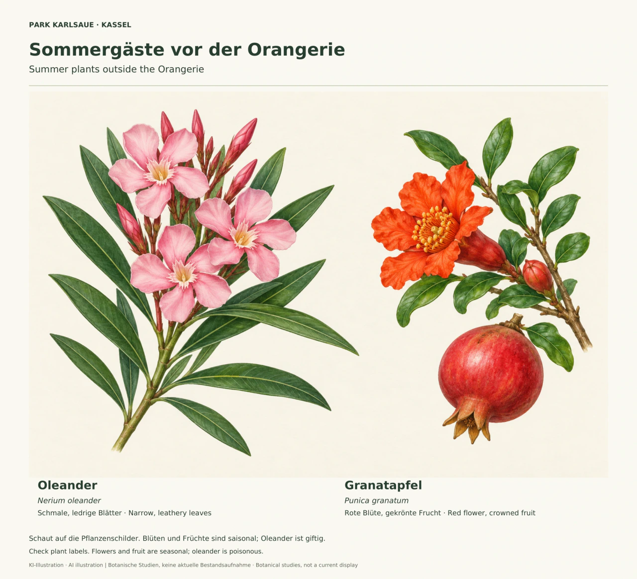 Links ein Oleanderzweig mit langen schmalen Blättern und rosa Blüten, rechts ein Granatapfelzweig mit kürzeren glatten Blättern und orangeroter Blüte sowie eine runde rote Frucht mit bleibendem Kelch.