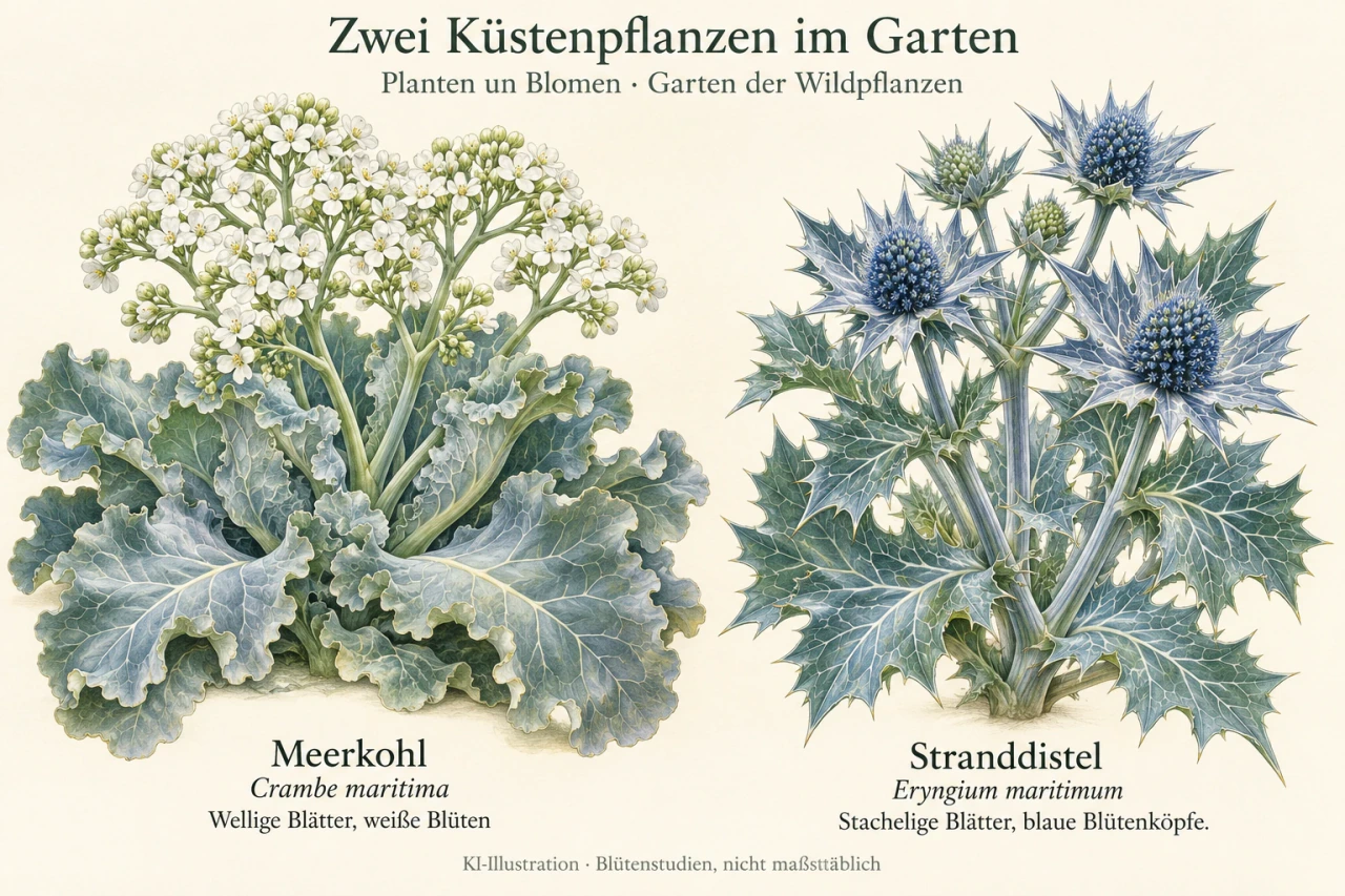 Zwei beschriftete Pflanzenstudien auf hellem Papier: links Meerkohl mit großen gewellten blaugrünen Blättern und kleinen weißen Blüten; rechts Stranddistel mit weiß geaderten, stacheligen Blättern und blauen Blütenköpfen in stacheligen Hüllen.