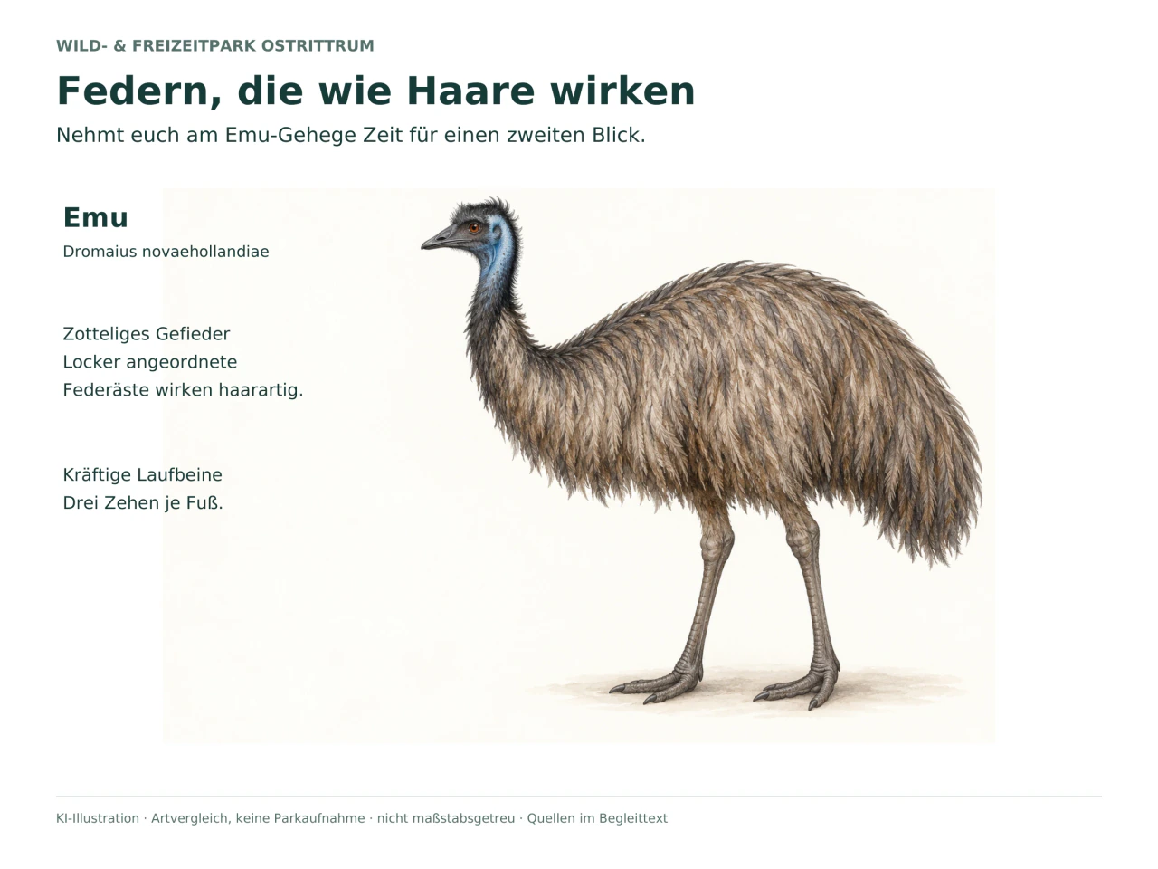 KI-Illustration eines Emus mit zotteligem braungrauem Gefieder, langen Beinen und drei nach vorn gerichteten Zehen je Fuß.