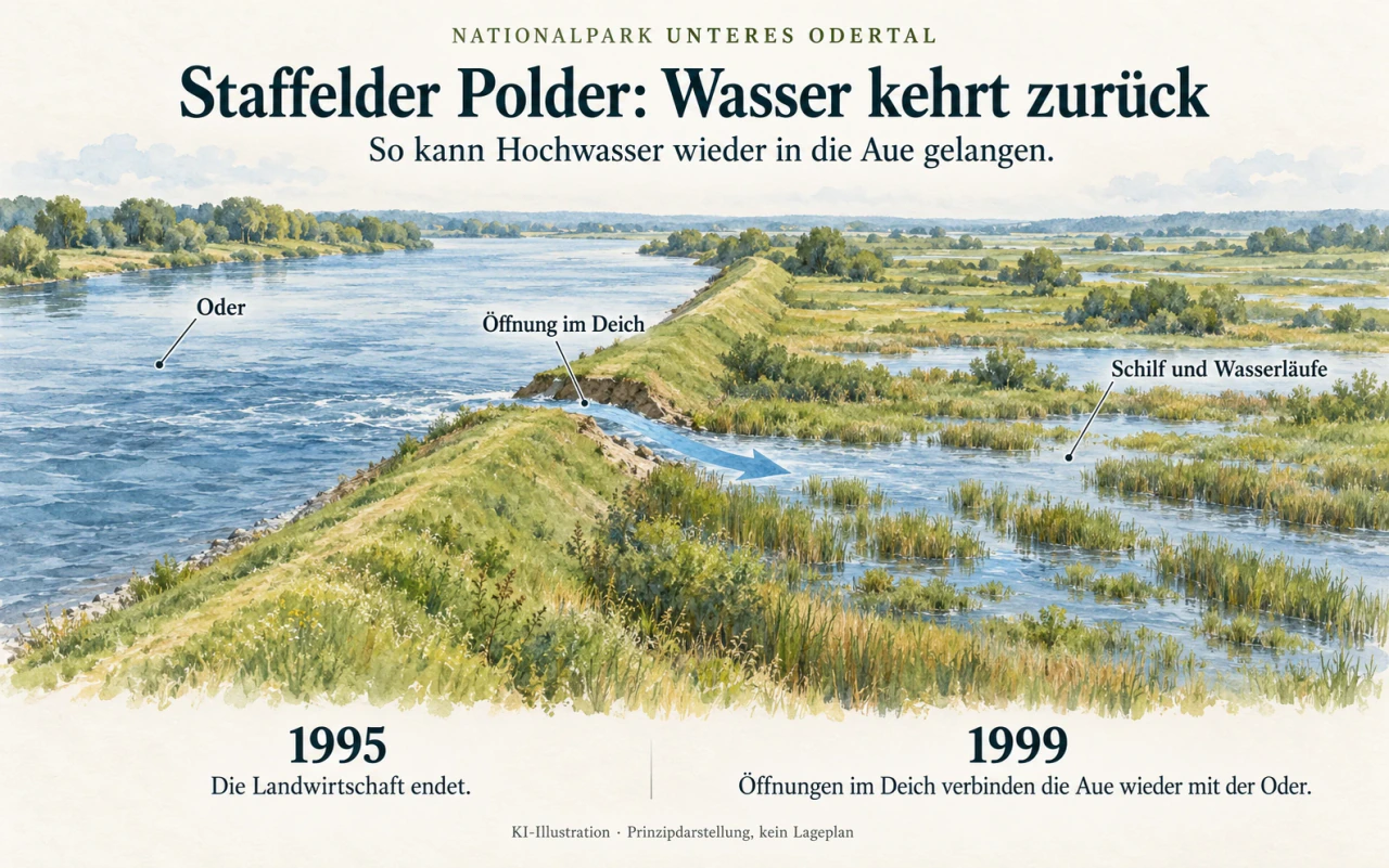 Schematische Aquarellgrafik: Links die Oder, rechts eine feuchte Aue mit Schilf und Wasserläufen. Ein blauer Pfeil zeigt Wasser, das durch eine Öffnung im Deich in die Aue gelangt. Die Jahreszahlen 1995 und 1999 markieren das Ende der Landwirtschaft und die Deichöffnungen.