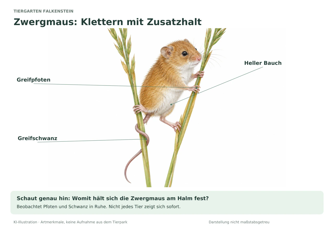 Beschriftete Illustration einer rotbraunen Zwergmaus zwischen zwei Grashalmen; Linien markieren Greifpfoten, hellen Bauch und den um einen Halm gelegten Schwanz.