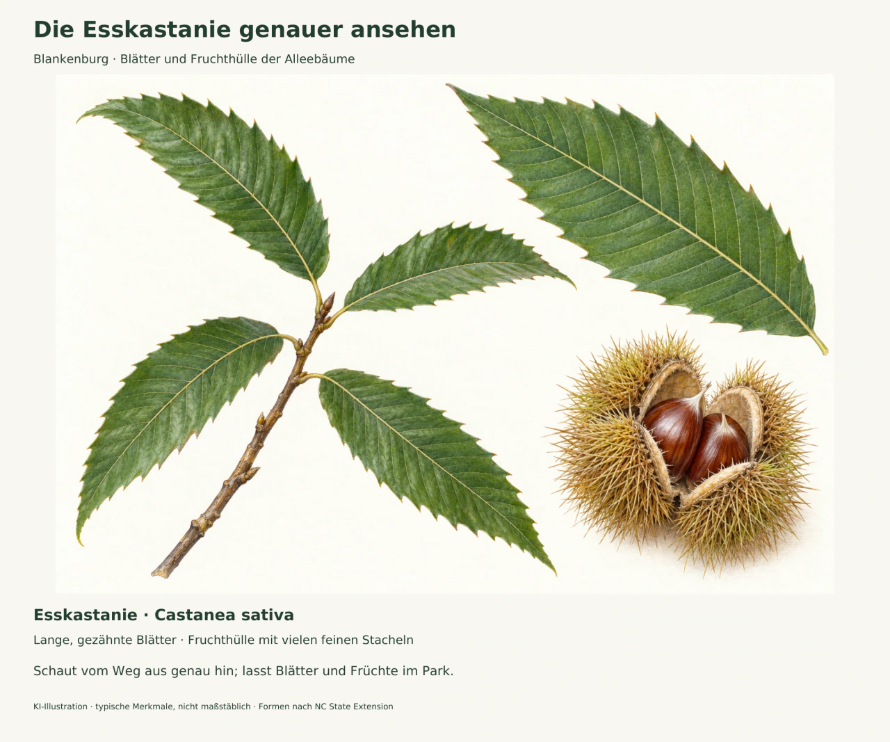 Botanische KI-Illustration einer Esskastanie: ein Zweig mit langen gezähnten grünen Blättern, ein einzelnes Blatt und eine dicht bestachelte offene Fruchthülle mit braunen Nüssen.