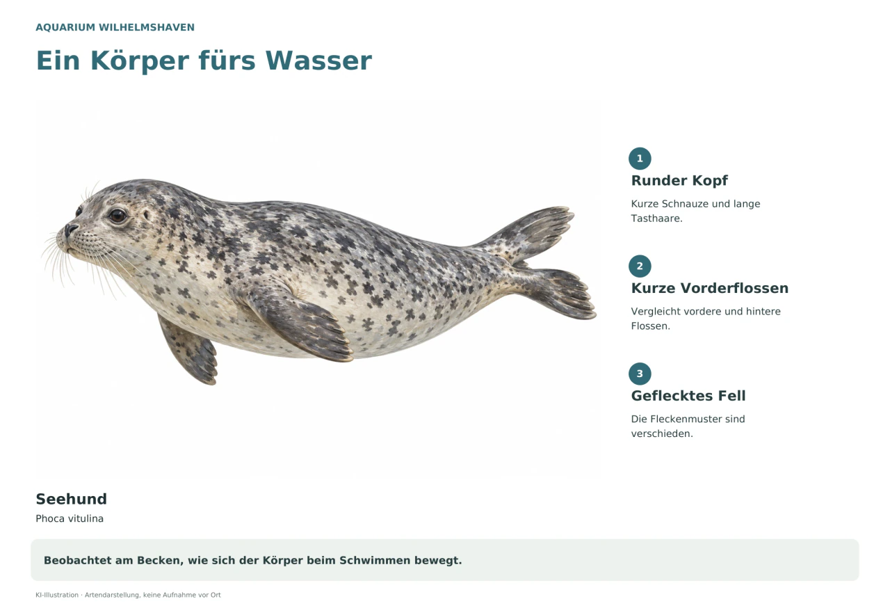 Eine naturkundliche Illustration zeigt einen Seehund in Schwimmhaltung mit rundem Kopf, langen Tasthaaren, kurzen Vorderflossen und geflecktem Fell. Drei deutsche Hinweise laden euch ein, Kopf, Flossen und Fellmuster genauer zu betrachten.