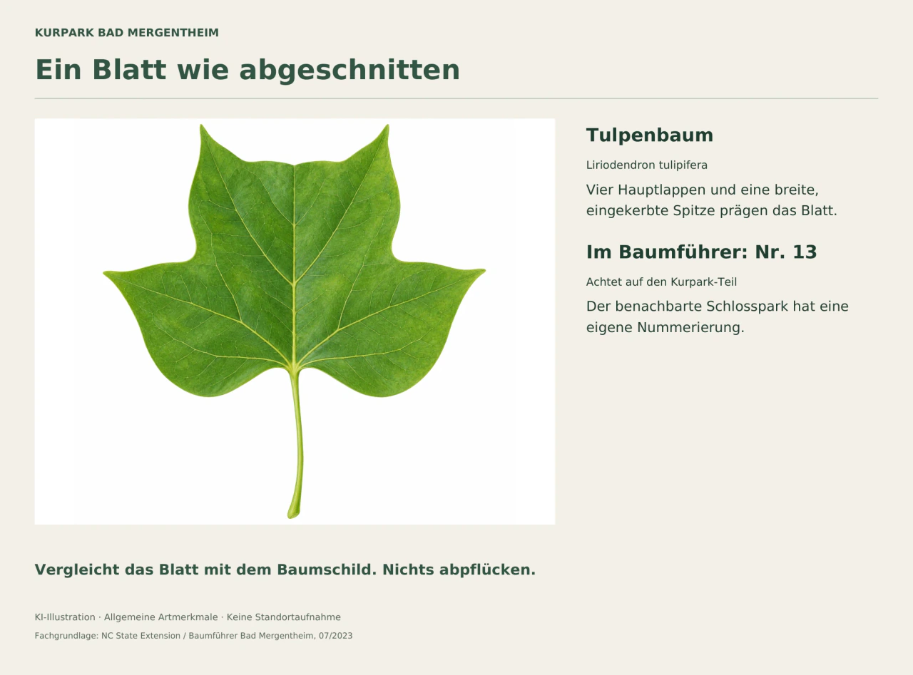 Ein grünes Tulpenbaumblatt mit vier Hauptlappen, breiter eingekerbter Spitze und langem Blattstiel.