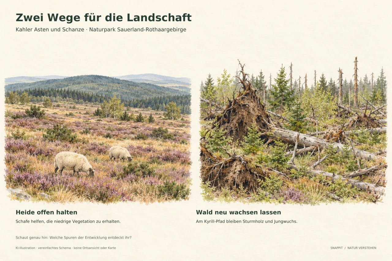 Zwei schematische Landschaften: Schafe in niedriger Heide und junge Bäume zwischen umgestürzten Stämmen.