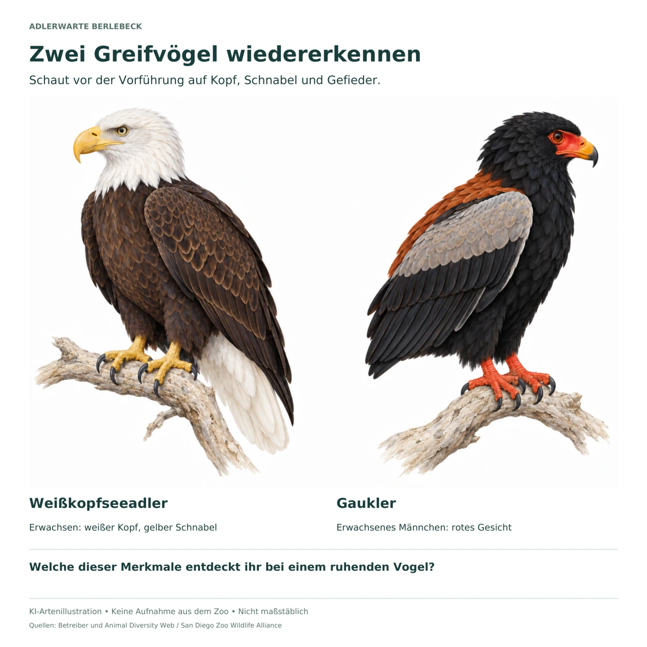 Ein erwachsener Weißkopfseeadler mit weißem Kopf und gelbem Schnabel neben einem männlichen Gaukler mit schwarzem Kopf, rotem Gesicht und roten Beinen.