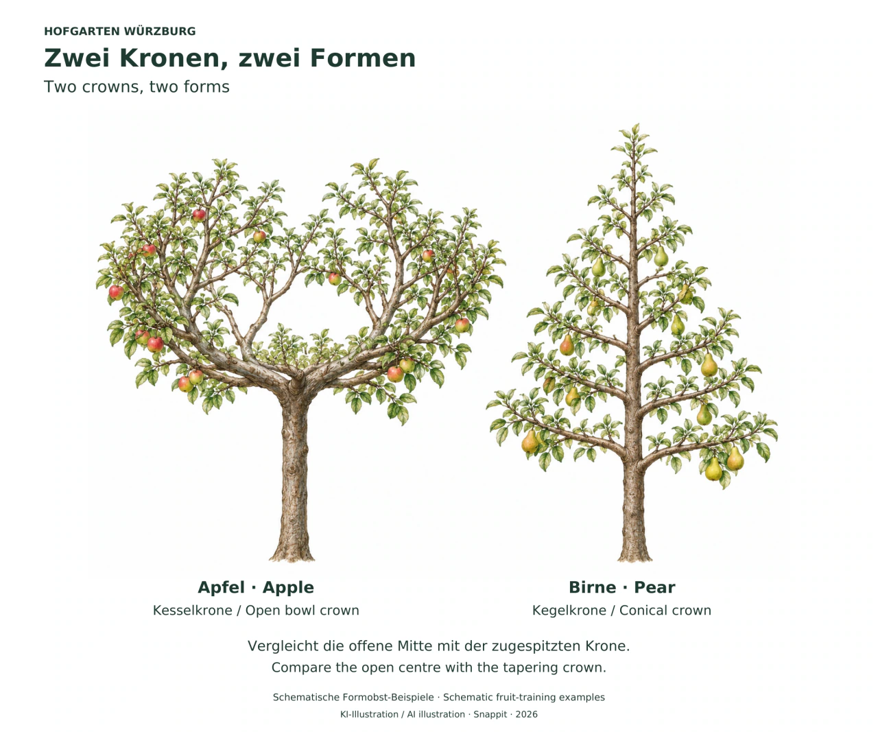 Zwei gezeichnete Obstbäume auf Weiß: links ein Apfel mit offener, schalenförmiger Krone, rechts eine Birne mit schmal zulaufender Krone.