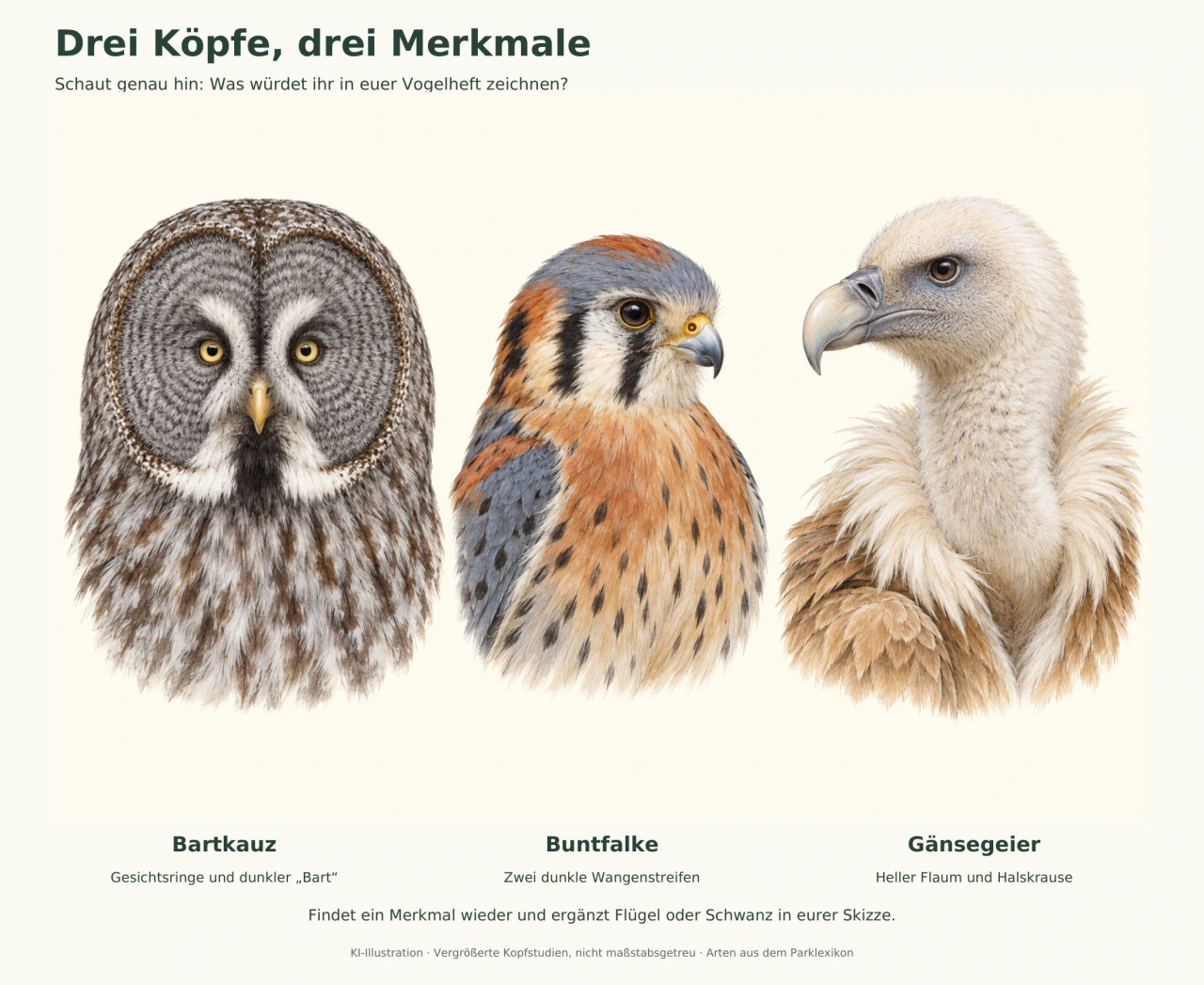 Drei gezeichnete Vogelköpfe: Bartkauz mit rundem Gesichtsschleier und schwarzem Bart, Buntfalke mit zwei dunklen Streifen auf der sichtbaren Wange und Gänsegeier mit hellem Flaum und Halskrause.