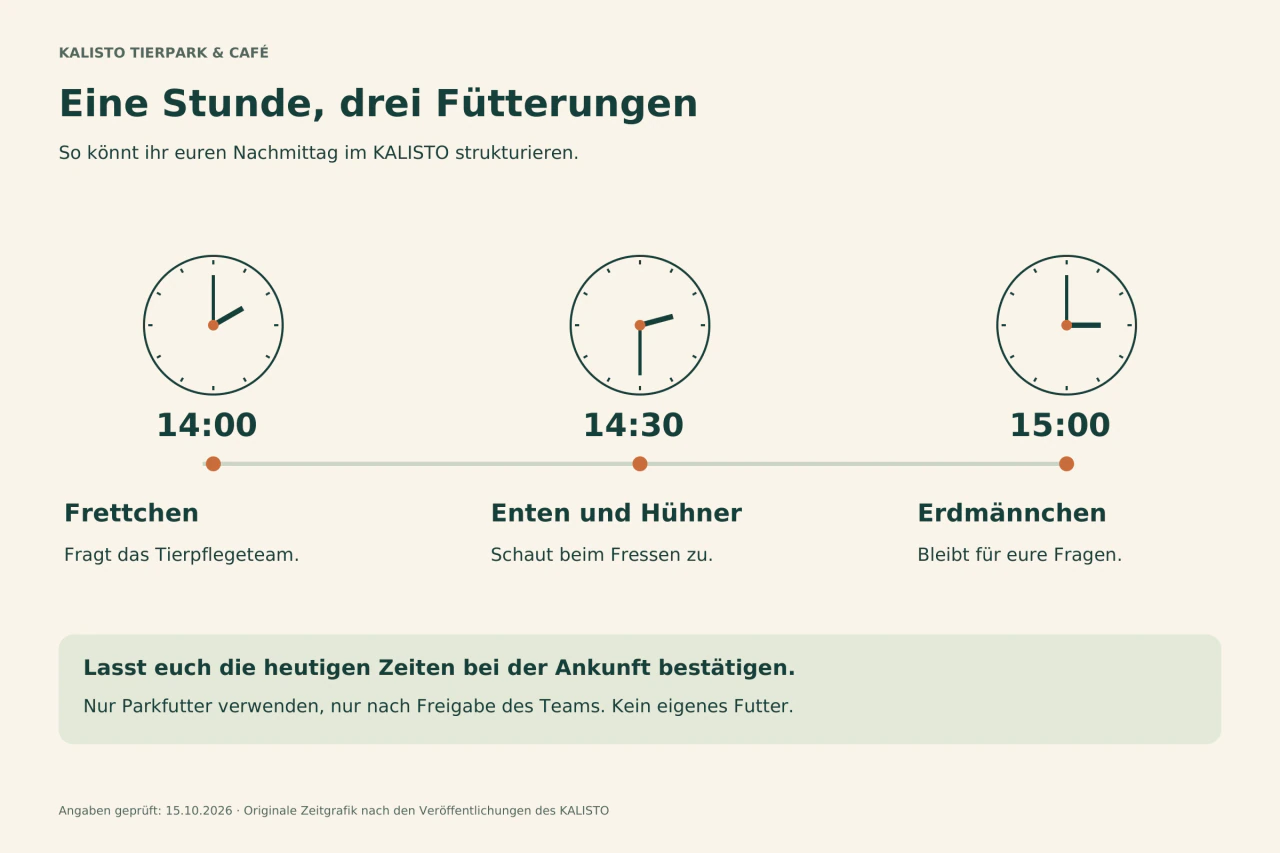 Drei Uhren zeigen 14 Uhr für Frettchen, 14.30 Uhr für Enten und Hühner und 15 Uhr für Erdmännchen. Hinweis auf Bestätigung vor Ort und ausschließlich freigegebenes Parkfutter.
