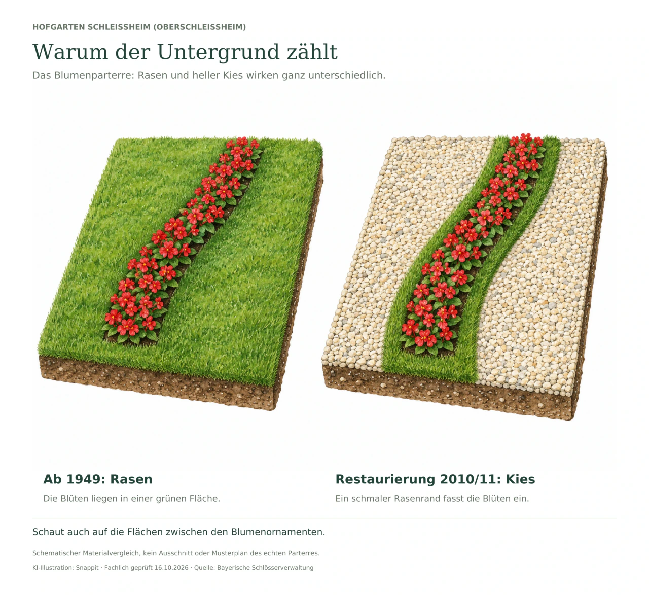 Zwei gezeichnete Materialproben: links ein roter Blumenstreifen in Rasen, rechts ein entsprechender Streifen mit schmaler Raseneinfassung in hellem Kies. Die Beschriftung vergleicht 1949 mit der Restaurierung 2010/11.