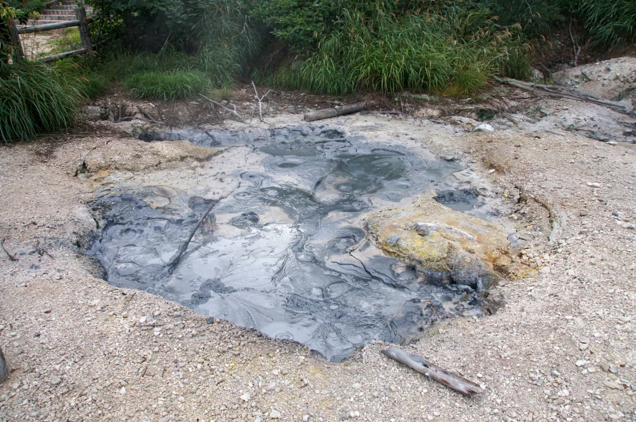 Grey bubbling mud fills a shallow steaming hollow, bordered by pale mineral ground and green vegetation; part of a wooden fence and steps is visible at the upper left.