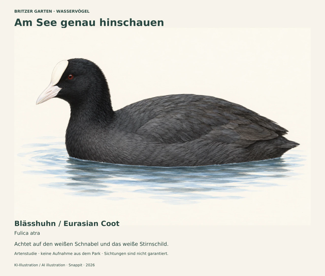 Illustration eines schwimmenden Blässhuhns mit dunklem Gefieder, weißem Schnabel und weißem Stirnschild auf hellem Grund.