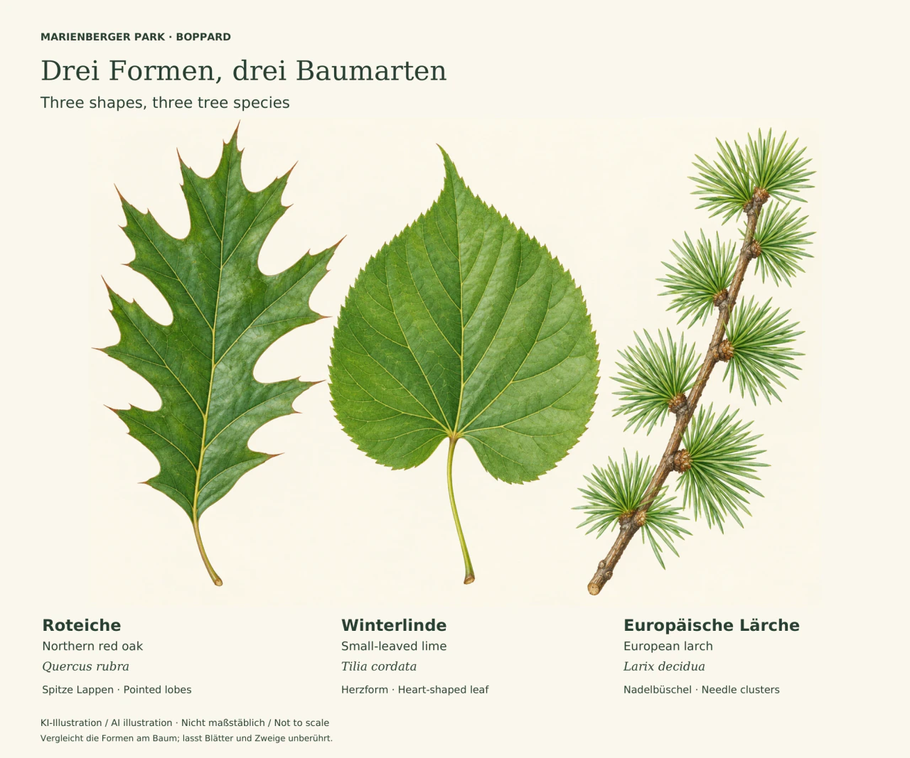 Botanische Vergleichstafel mit einem länglichen, spitz gelappten Roteichenblatt links, einem herzförmigen, fein gezähnten Winterlindenblatt in der Mitte und einem Lärchenzweig mit getrennten grünen Nadelbüscheln rechts; zweisprachige Beschriftung.