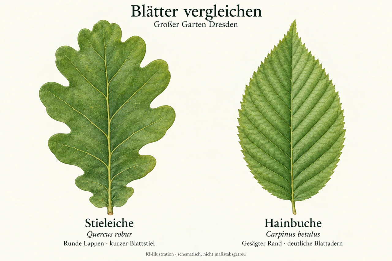 Botanische Illustration: links ein gelapptes Stieleichenblatt mit kurzem Stiel, rechts ein zugespitztes Hainbuchenblatt mit gesägtem Rand und auffälligen Blattadern.