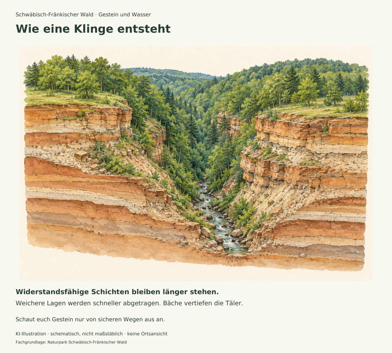 Schematischer Aquarellschnitt einer bewaldeten Klinge mit wechselnden Gesteinsschichten und einem Bach am Talgrund.