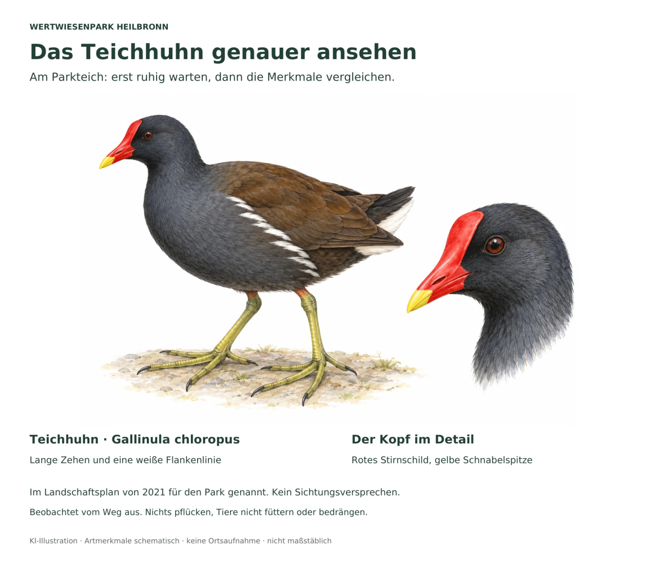 Ein stehendes Teichhuhn mit langen grünlichen Zehen und daneben eine vergrößerte Kopfstudie mit rotem Stirnschild und gelber Schnabelspitze.