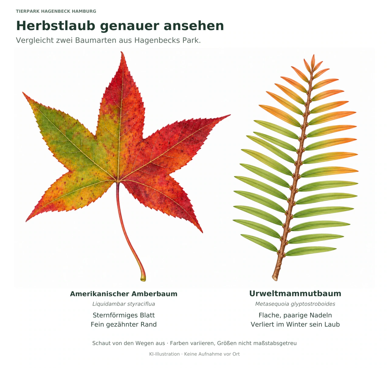 Links ein fünflappiges, sternförmiges Amberbaumblatt mit fein gezähntem Rand und grün-gelb-roter Herbstfärbung. Rechts ein Zweig des Urweltmammutbaums mit flachen, paarig angeordneten grünen und kupferfarbenen Nadeln.